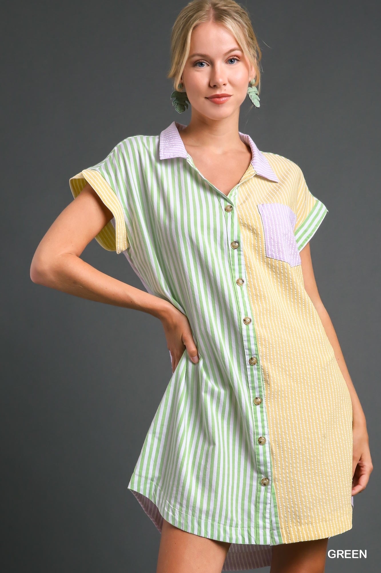 Seersucker Shirt Dress - Green/Purple