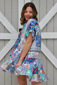 Presley Patchwork Mini Dress - Blue Mix