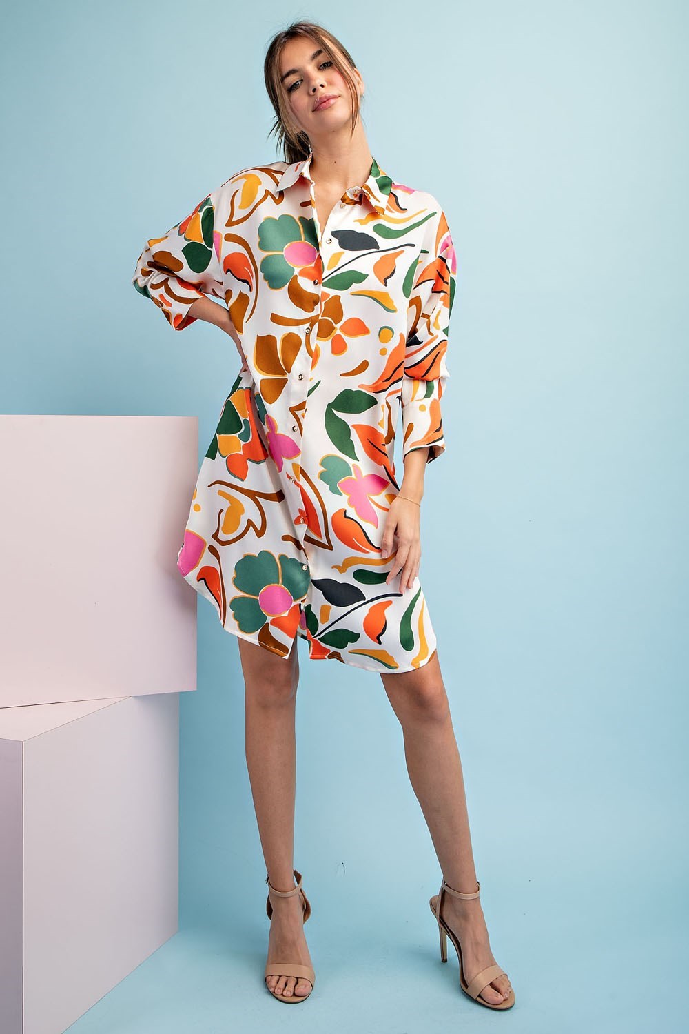 Scrolling Floral Shirt Dress - Ivory Mix