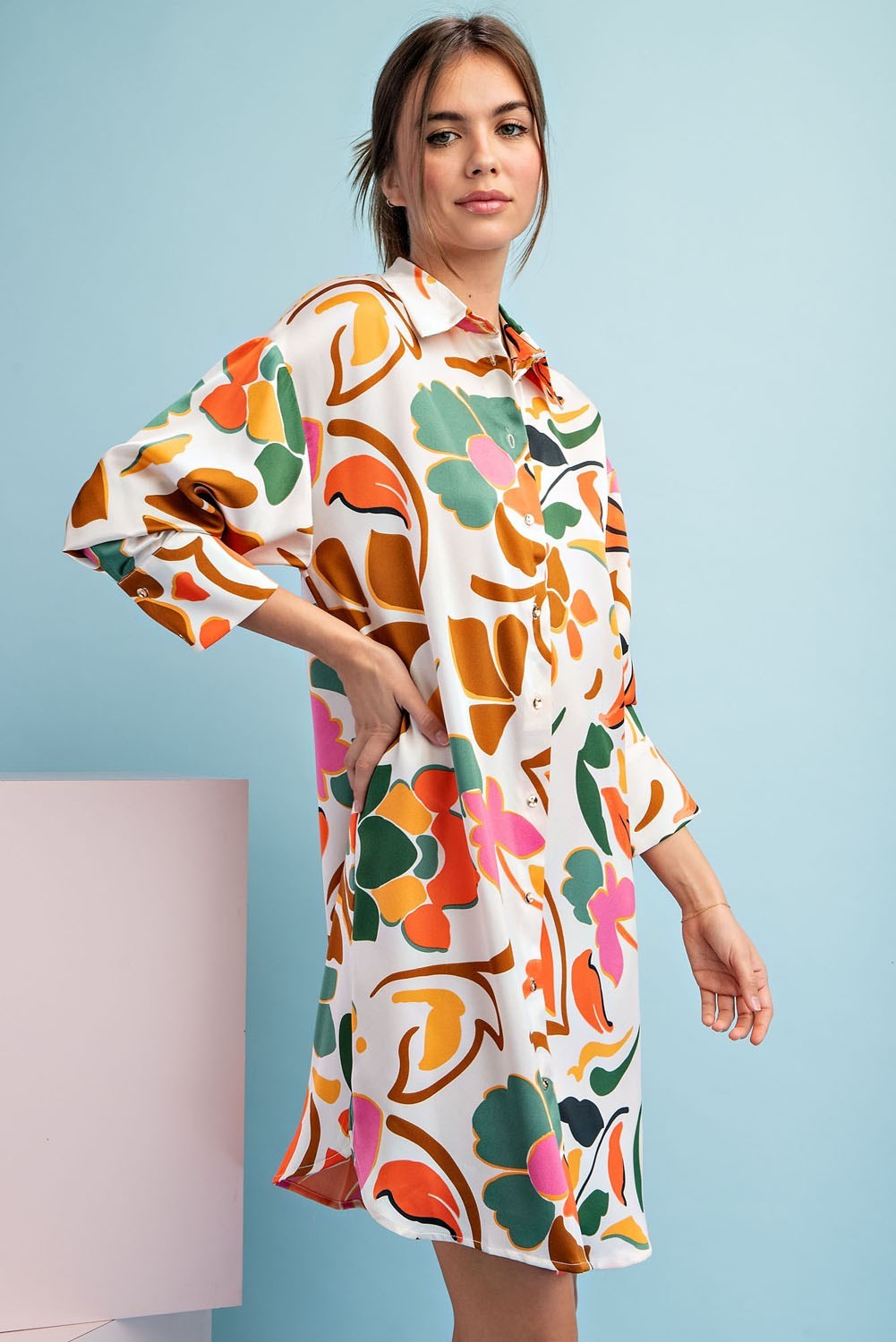 Scrolling Floral Shirt Dress - Ivory Mix