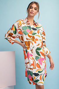 Scrolling Floral Shirt Dress - Ivory Mix