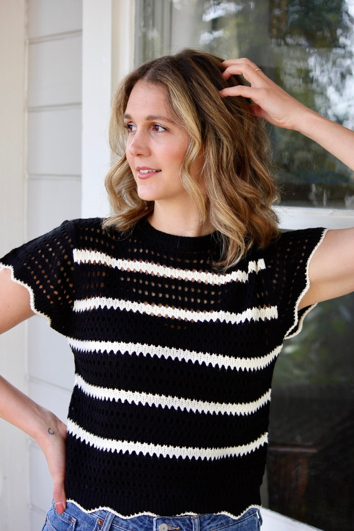 Scalloped Striped Sweater - Oreo