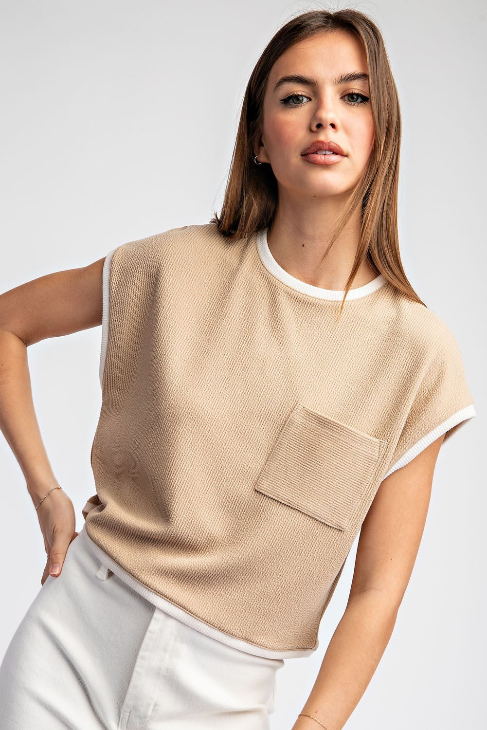 2 Tone Cap Top - Tan/Creme