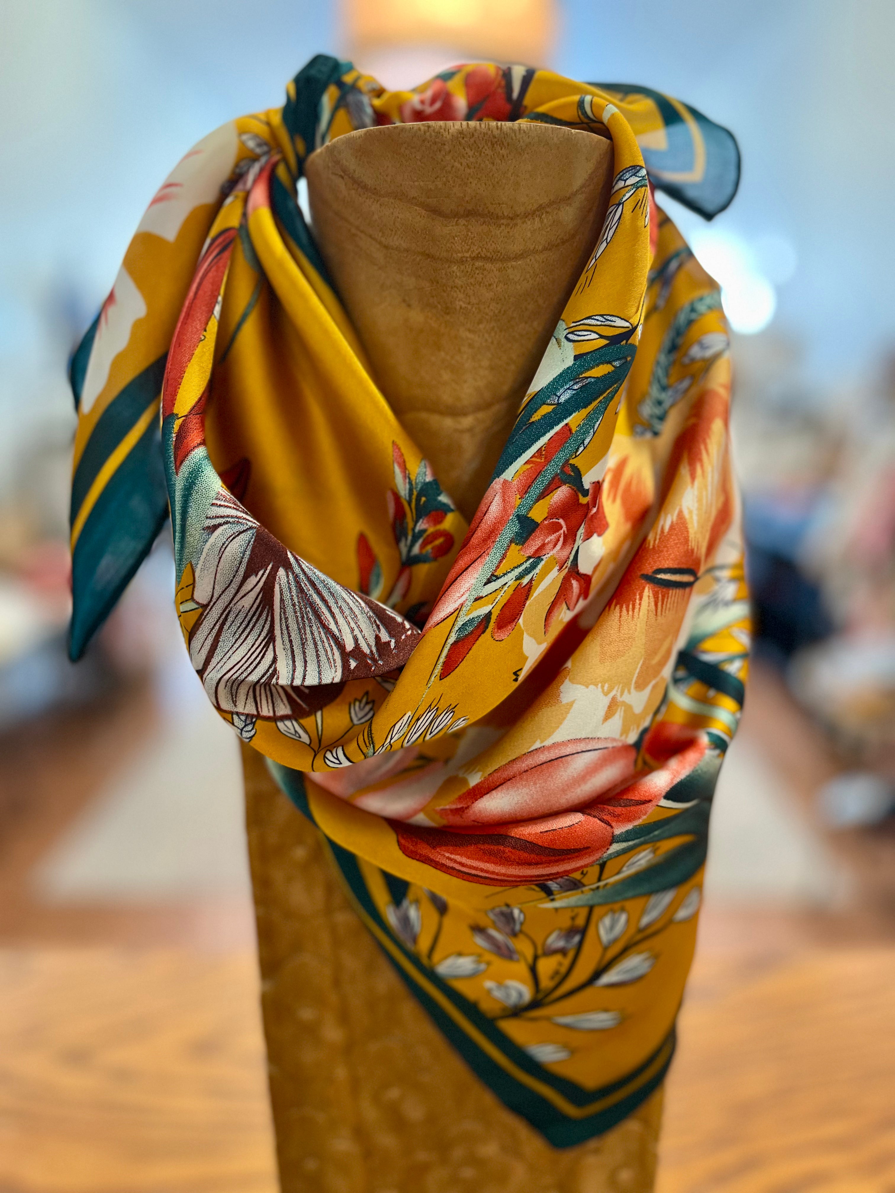 Silky Spring Flower Scarf - Mustard/Teal